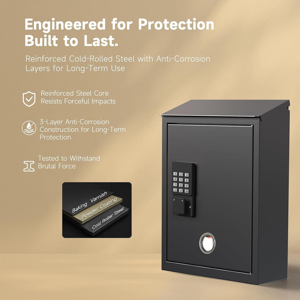 WeHere Mailbox with Electronic Lock, Wall Mount Locking MailBoxes for House, Metal Suggesion Box, Business Key Drop Box, OTP/Fixed Code/Key Unlock, Large Capacity, Black