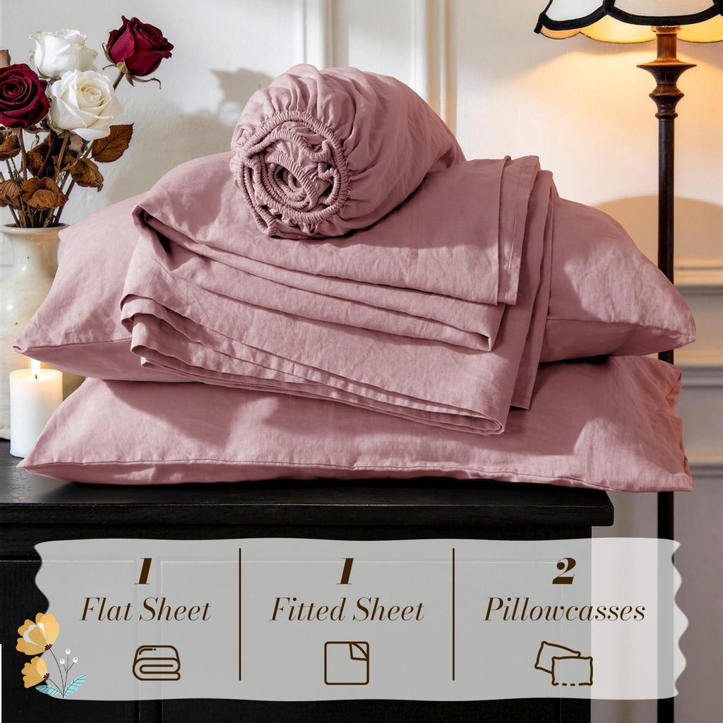 SONORO KATE 100% French Pure Linen Sheets, Breathable and Durable Linen Queen Size Sheets, Anti-Tear Linen Bed Sheets, Machine Washable, 16 Inch Deep Pocket - 4 Piece (Embroidery Purple, Queen)