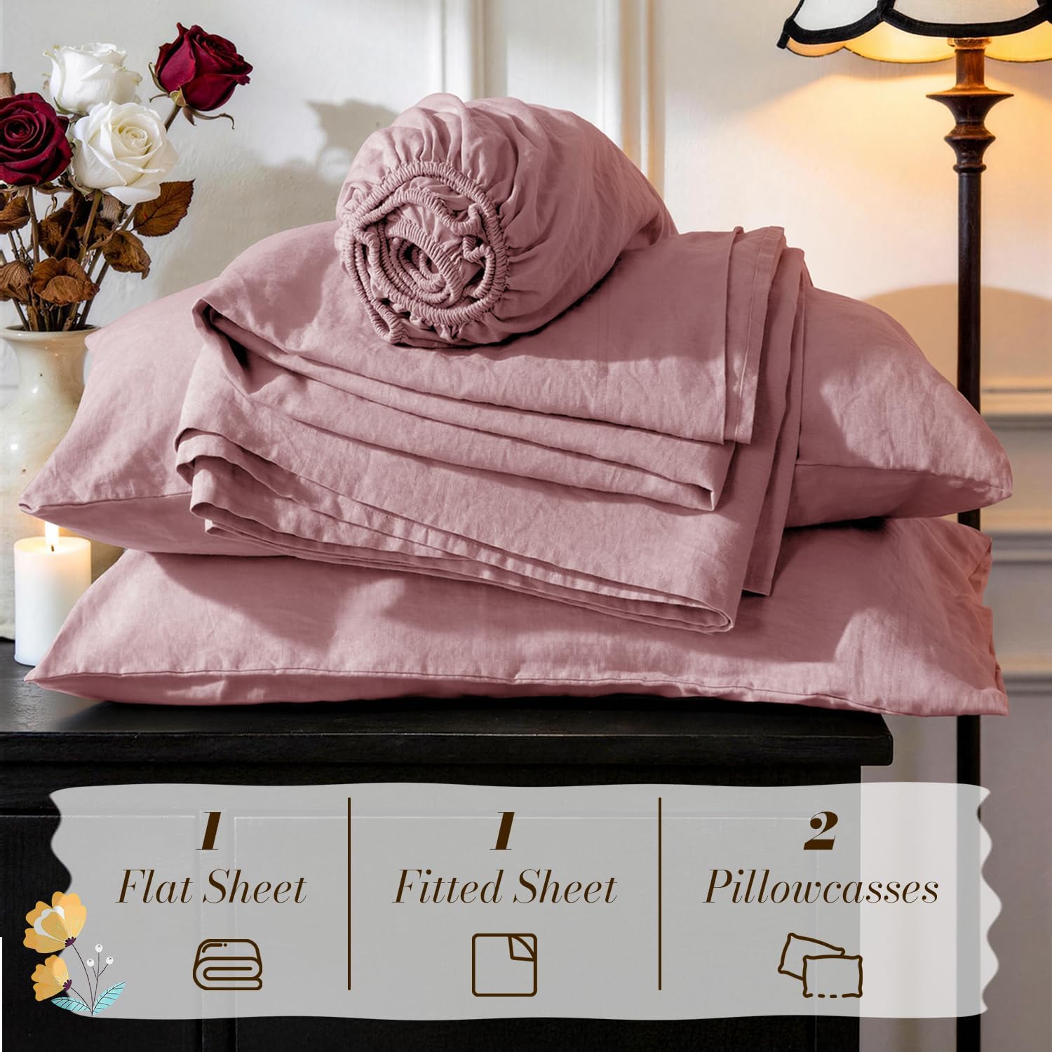 SONORO KATE 100% French Pure Linen Sheets, Breathable and Durable Linen Queen Size Sheets, Anti-Tear Linen Bed Sheets, Machine Washable, 16 Inch Deep Pocket - 4 Piece (Embroidery Purple, Queen)