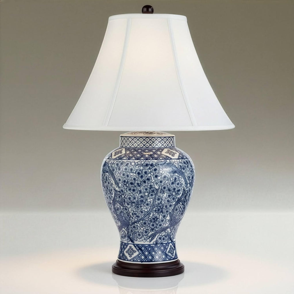 Barnes and Ivy Shonna Traditional Asian Style Jar Table Lamp with Dimmer and USB Charging Port 27' Tall Blue White Floral Porcelain Flared Bell Shade for Cottage Core Living Room Bedroom House