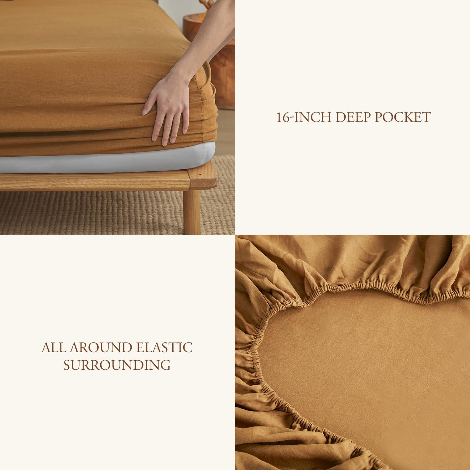 DAPU Pure Linen Sheets Set, 100% French Linen from Normandy, Breathable and Durable for Hot Sleepers, 4 Pcs Set - 1 Flat Sheet, 1 Fitted Sheet, 2 Pillowcase (Earthy Linen, Queen)