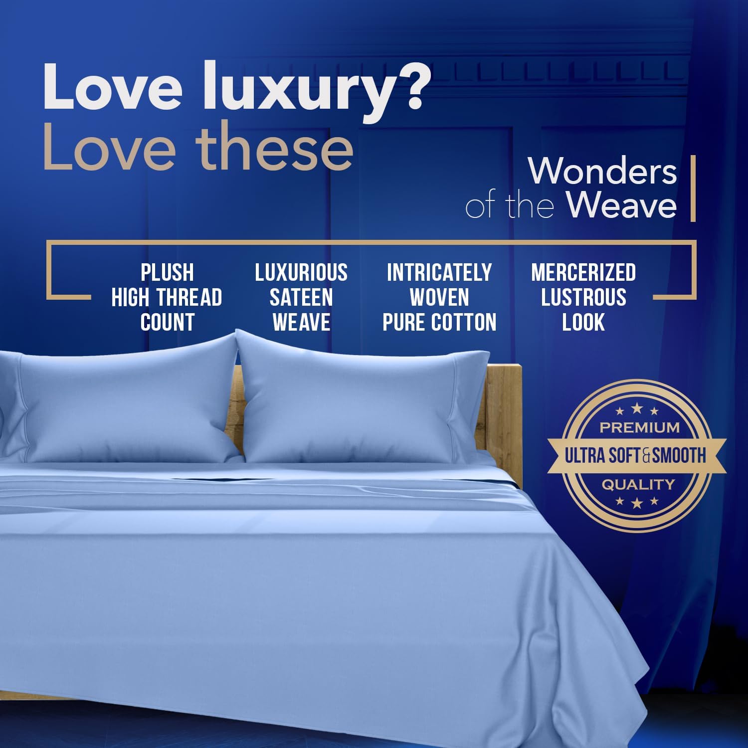 TEXAS LINEN CO. 100% Egyptian Cotton Split King Sheet Sets - Luxury 1000 Series Lonestar Lovin' Collection Split King Sheet Set (5 PC, Deep Blue), Cooling, 16' Deep Pocket Sateen Hotel Bed Sheets