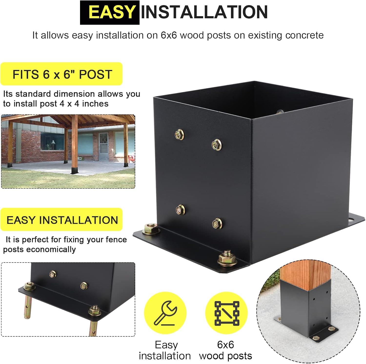 6X 6 Post Base 10 PCS,Inner Size 5.6'x5.6'Deck Post Base,Heavy Duty Metal Black Powder Coated Post Brackets,for Pavilion Deck Railing Support Deck Base Plate, Support Bolt Down (10PCS)