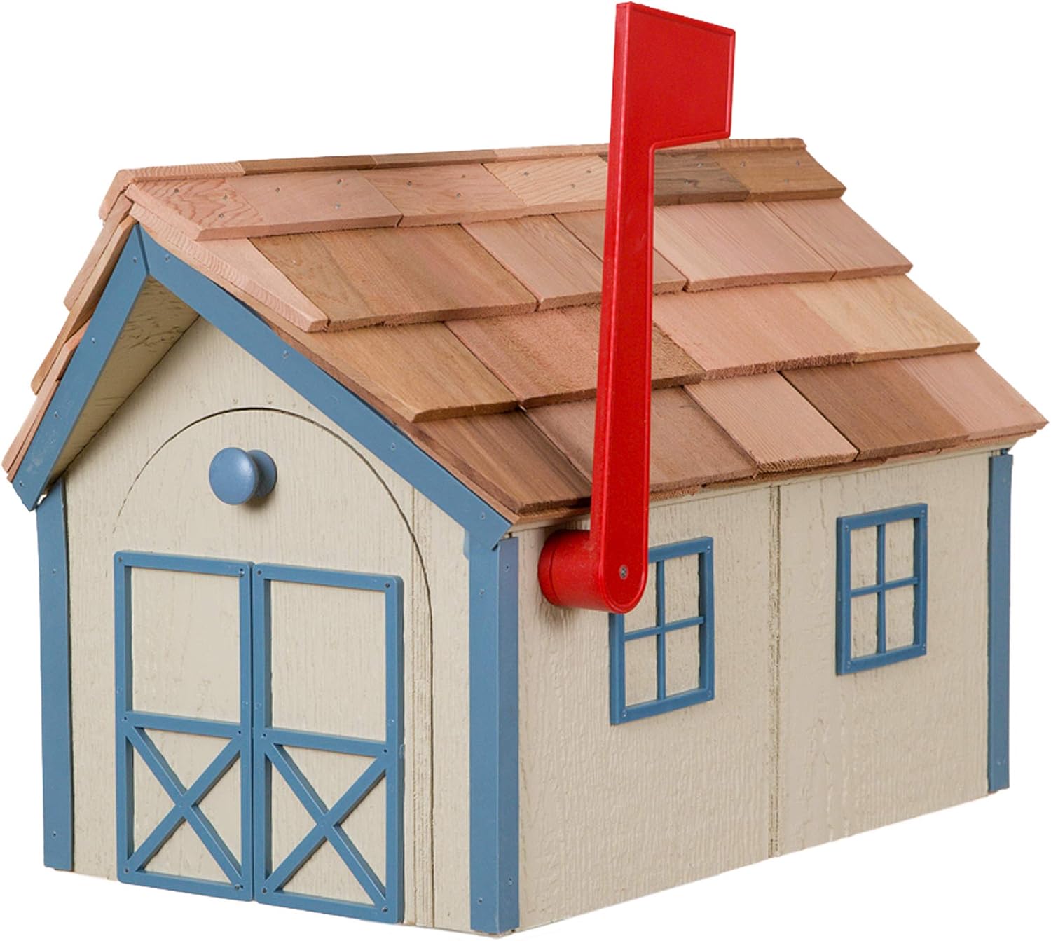 Amish Cedar Roof Wooden Mailbox with Window & Door Trim (Beige with Blue Trim)