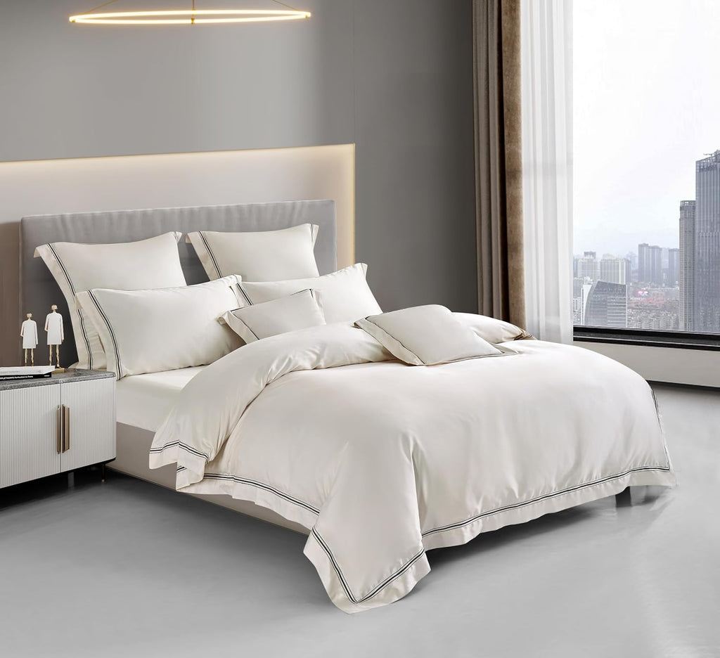 3Pcs Duvet Cover Set Egyptain Cotton Champagne Lace Luxury Wedding Collection (Off White, Queen)