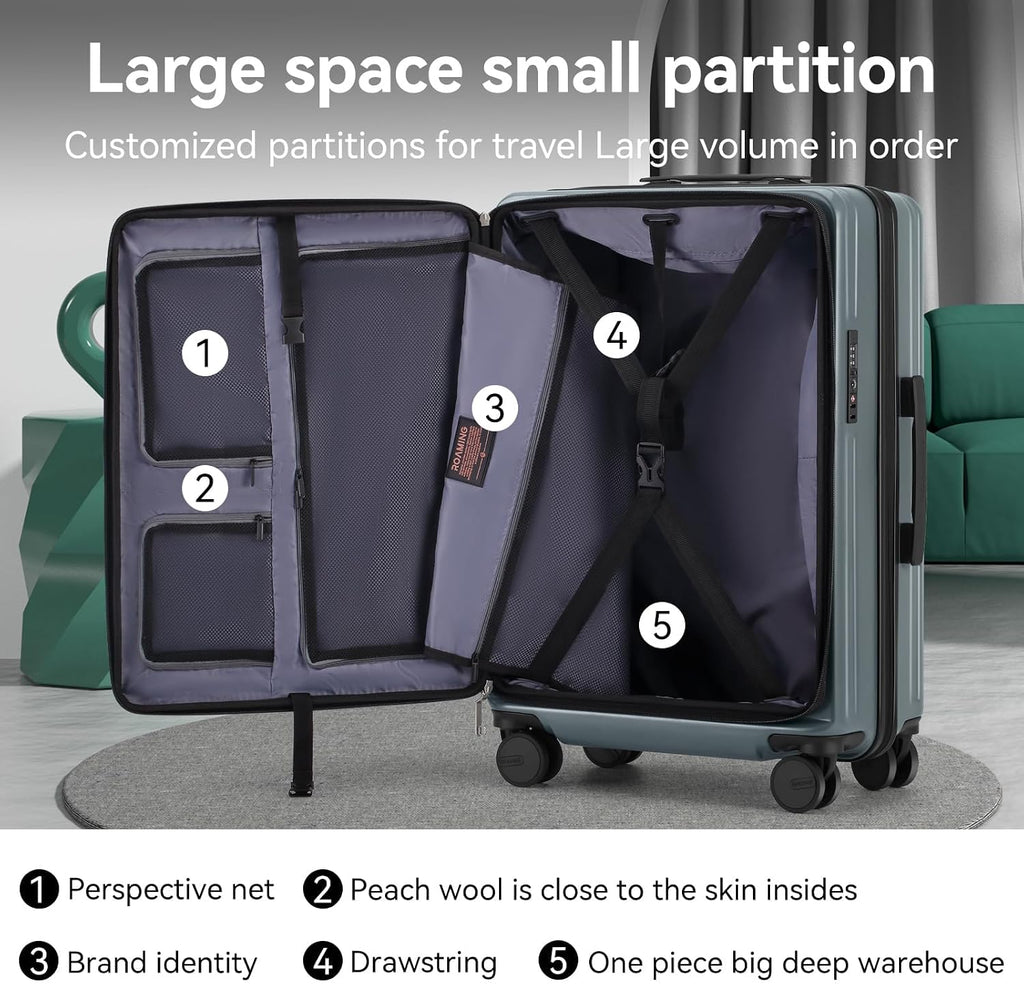 24 Inch Checked Large Luggage with Spinner Wheels Front Opening Rolling Suitcase for 5-7 Days Travel, Scratch Resistant PC Hardshell TSA Lock Cup Holder Specially Designed Ergonomic Pull Rod Handle