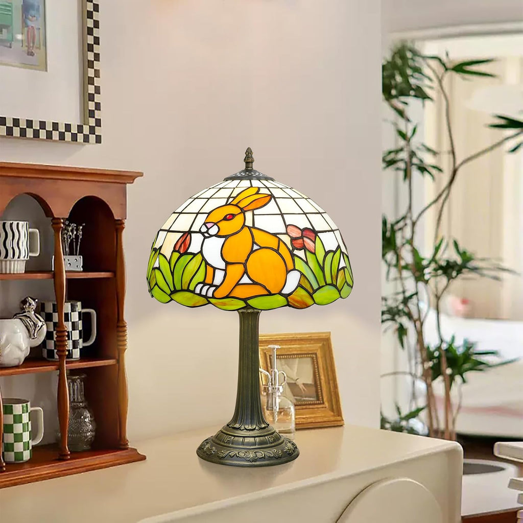 Tiffany Style Lamp with Cat Rabbit Stained Glass Lamp 12 Inch Retro Bronze Base Bedside Lamp Bedroom Living Room, Cafe，Restaurant Art Nouveau Style Decorative Child Interest Ambient Light