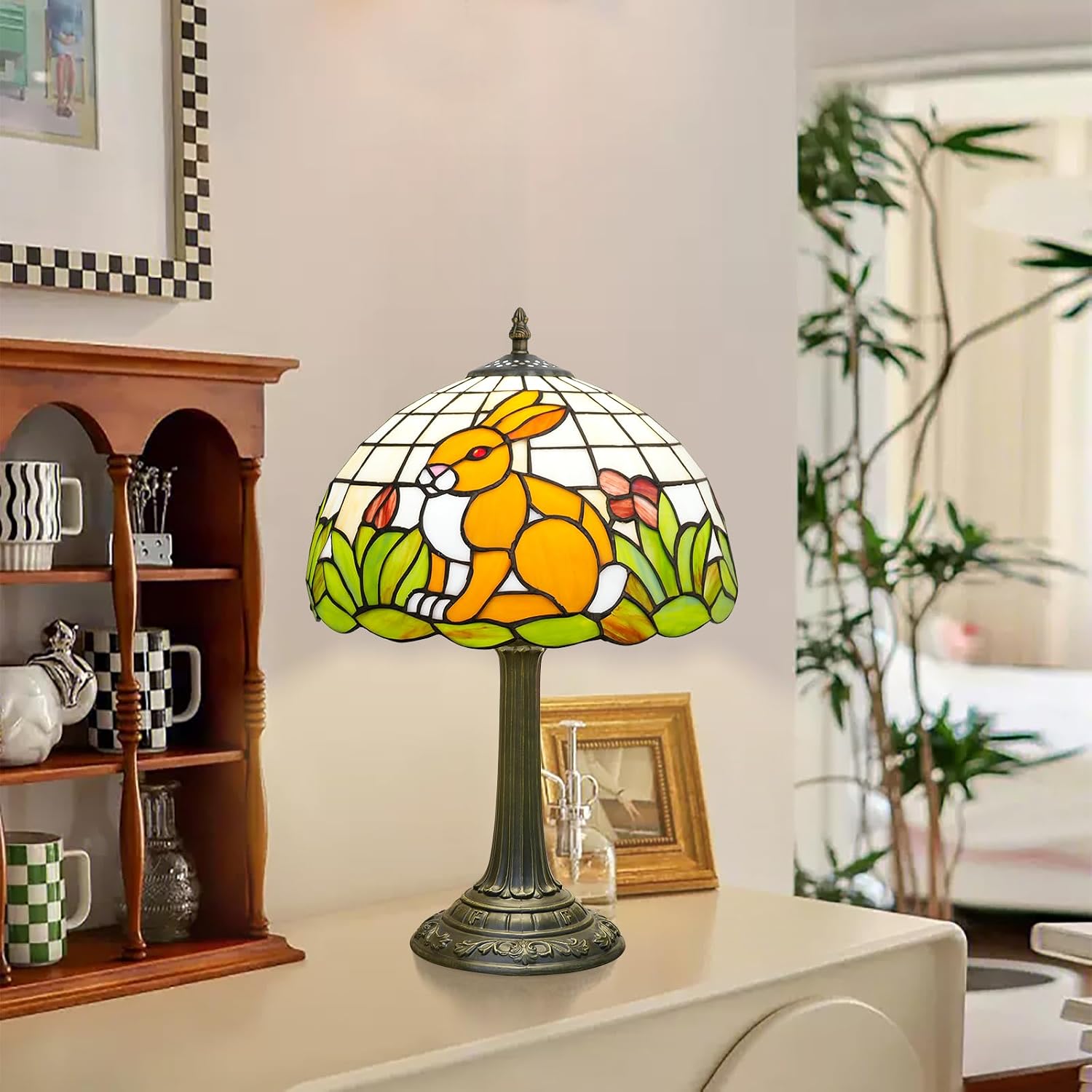 Tiffany Style Lamp with Cat Rabbit Stained Glass Lamp 12 Inch Retro Bronze Base Bedside Lamp Bedroom Living Room, Cafe，Restaurant Art Nouveau Style Decorative Child Interest Ambient Light