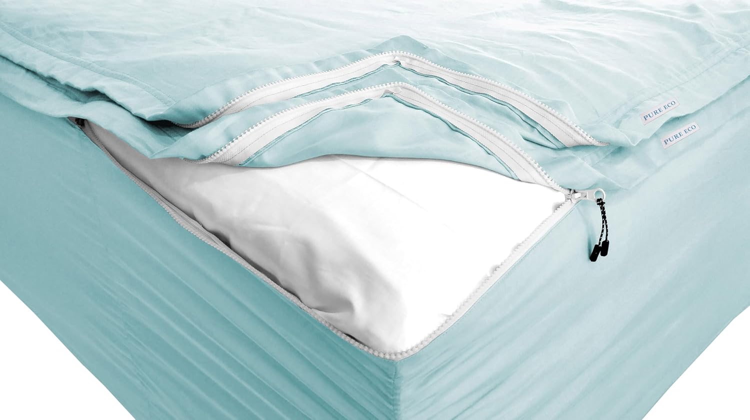 Zipper Fitted Sheet - Includes 1 Fitted Sheet Base & 2 Zip-On Sheets - Upto 16' in. Deep Pockets Queen Size Zipper Fitted Sheet - Easy to Change, Sateen Cotton 600 TC Fitted Sheet - Aqua Blue