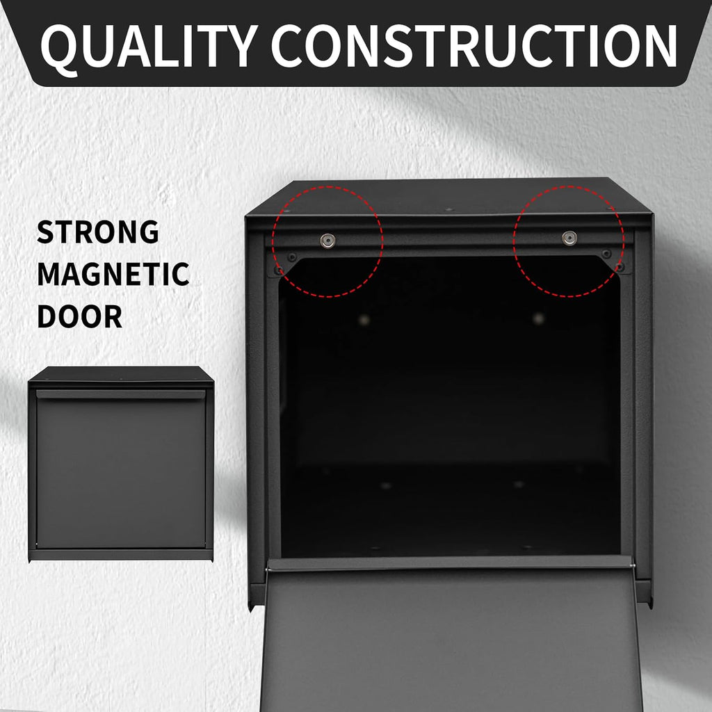 Modern Post-Mounted Mailbox, Heavy Duty Mailbox with Flag, Weatherproof Mailboxes for Outside Galvanized Steel and Rust-Proof Metal Post Box, 20' x 10' x 10' Large Black Heavy Gauge Mailbox