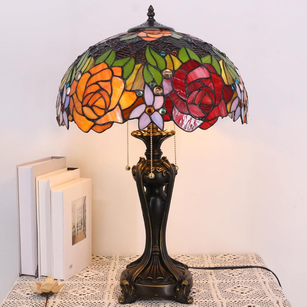 Large Tiffany Lamp Shade Replacement Only 16Inch Stained Glass Lampshade Fit For Table Lamps FLoor Lamp Ceiling Fixture Pendant Hanging Light Home Office Decoration (Red Yellow Roses)