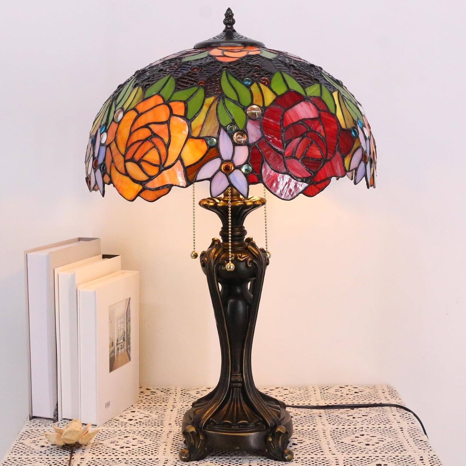 Large Tiffany Lamp Shade Replacement Only 16Inch Stained Glass Lampshade Fit For Table Lamps FLoor Lamp Ceiling Fixture Pendant Hanging Light Home Office Decoration (Red Yellow Roses)