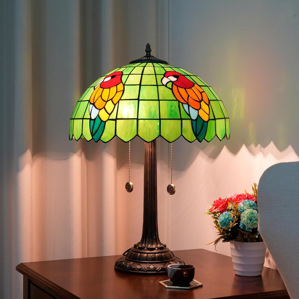 Tiffany Table Lamp Green Stained Glass Parrot Style Bedside Lamp 16X16X23 Inches Desk Decor Light Classic Farmhouse Reading Table Lamps for Home Office