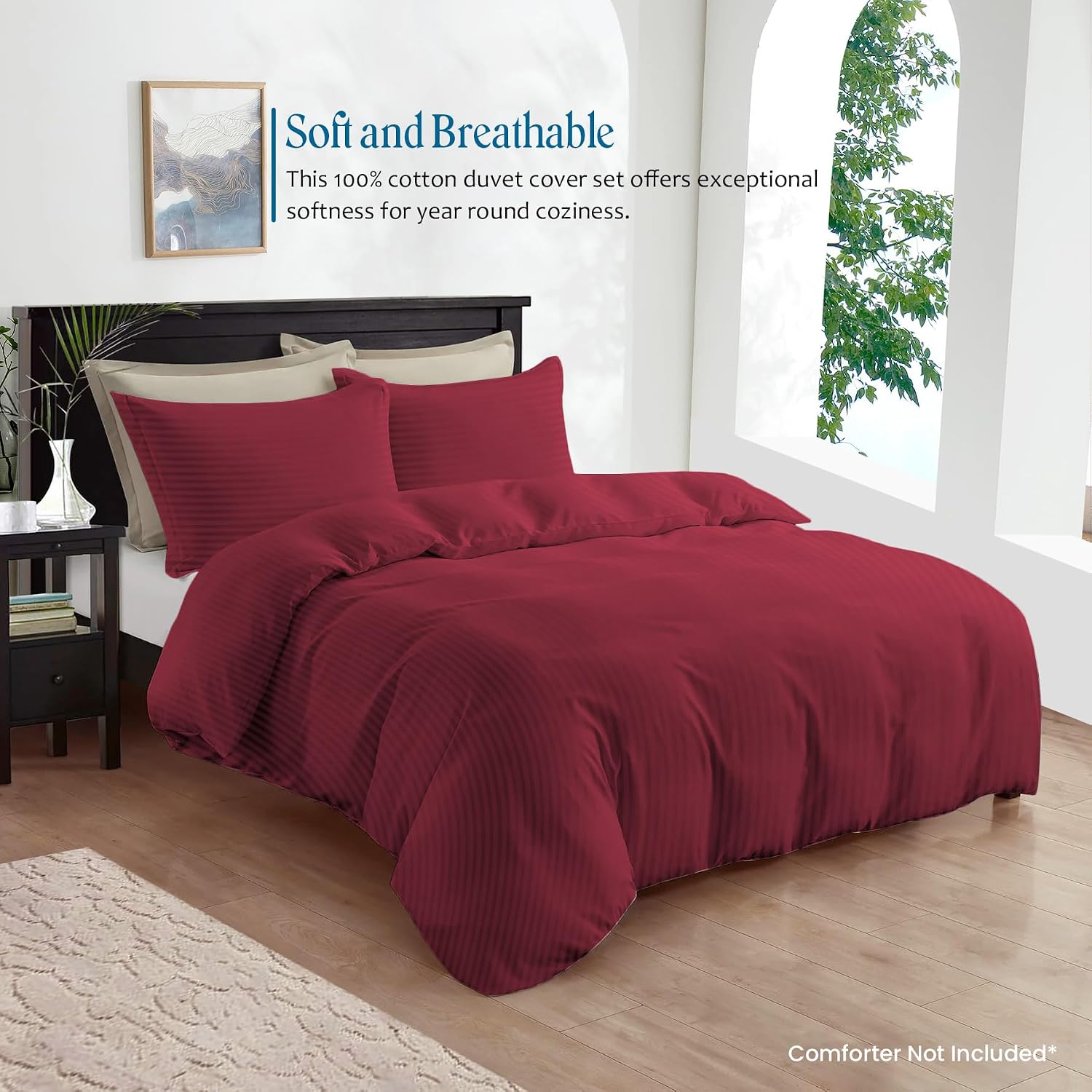 800TC 3 Sided Zipper Duvet Cover Set Soft Egyptian Cotton 3 Sided Zipper Closure, 3 PCS 1-Duvet Cover & 2- Pillow Shams - Oversize Queen Size (98' x 98') Inches, (Burgundy Stripe)