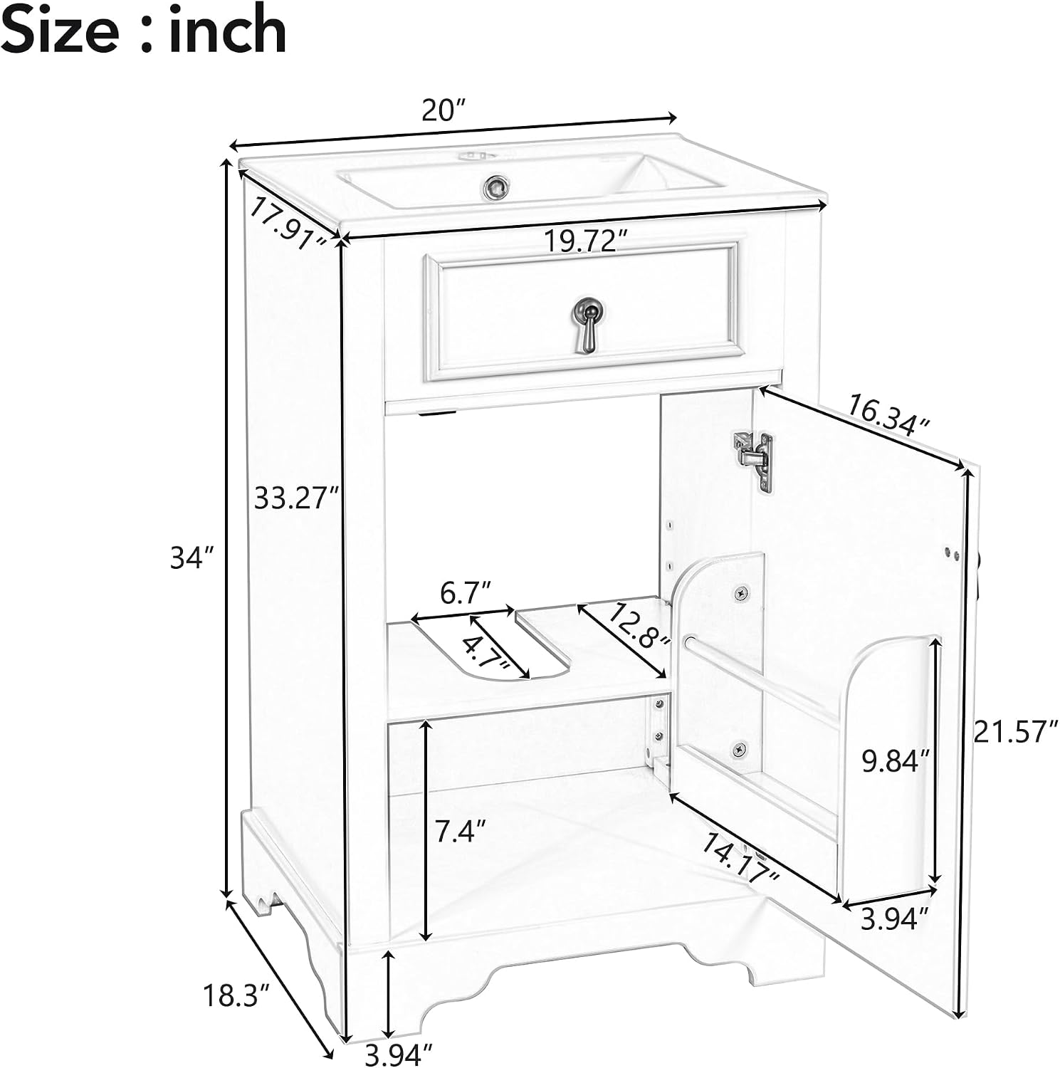 20 Inch Blue Green Bathroom Vanity with Ceramic Sink and Adjustable Shelf, Modern Bathroom Cabinet with Over Door Storage Rack and Soft Close Door