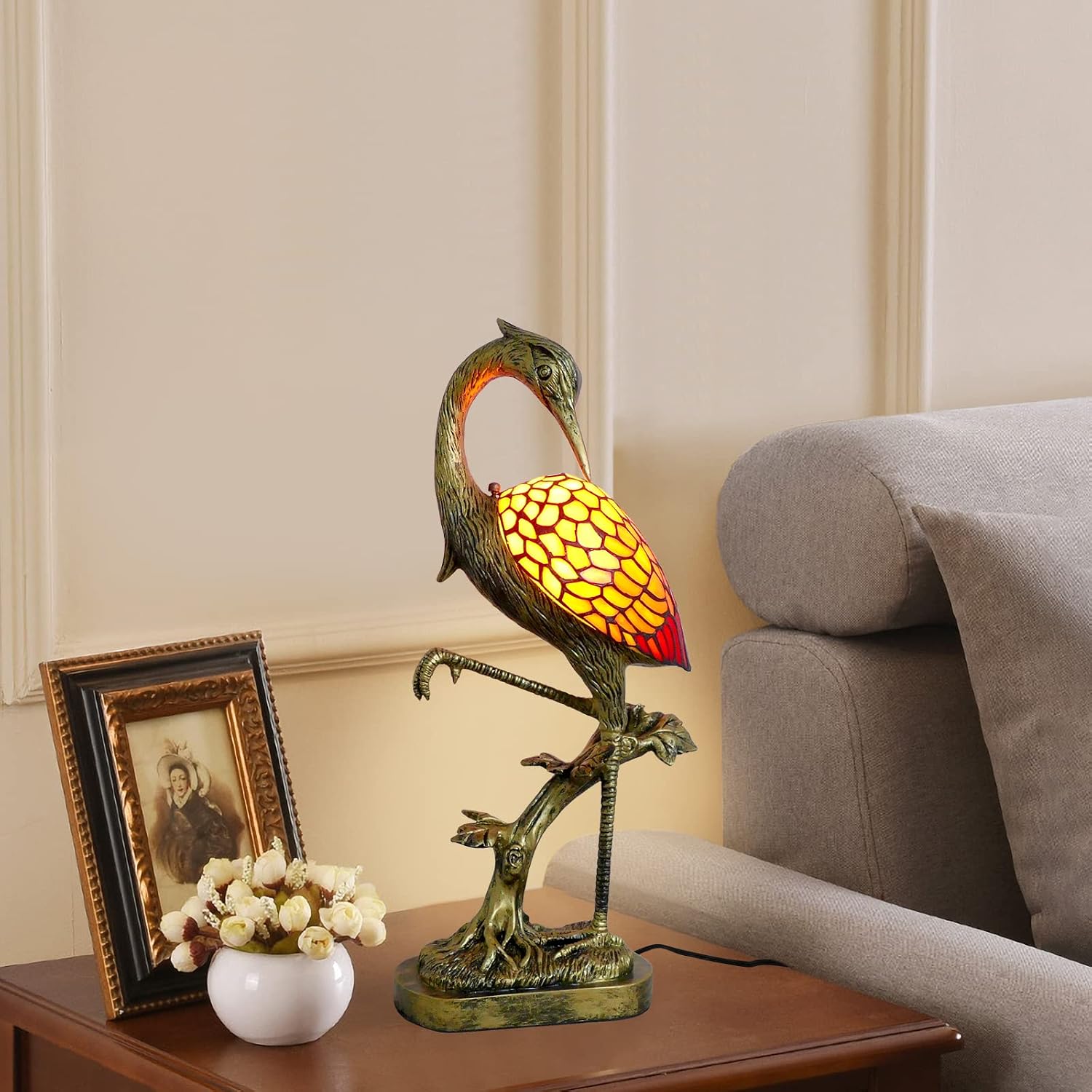 Orange Handmade Stained Glass Tiffany Table Lamp, 21.7in LED, Vintage, Decoration, Bedroom, Living Room, Office