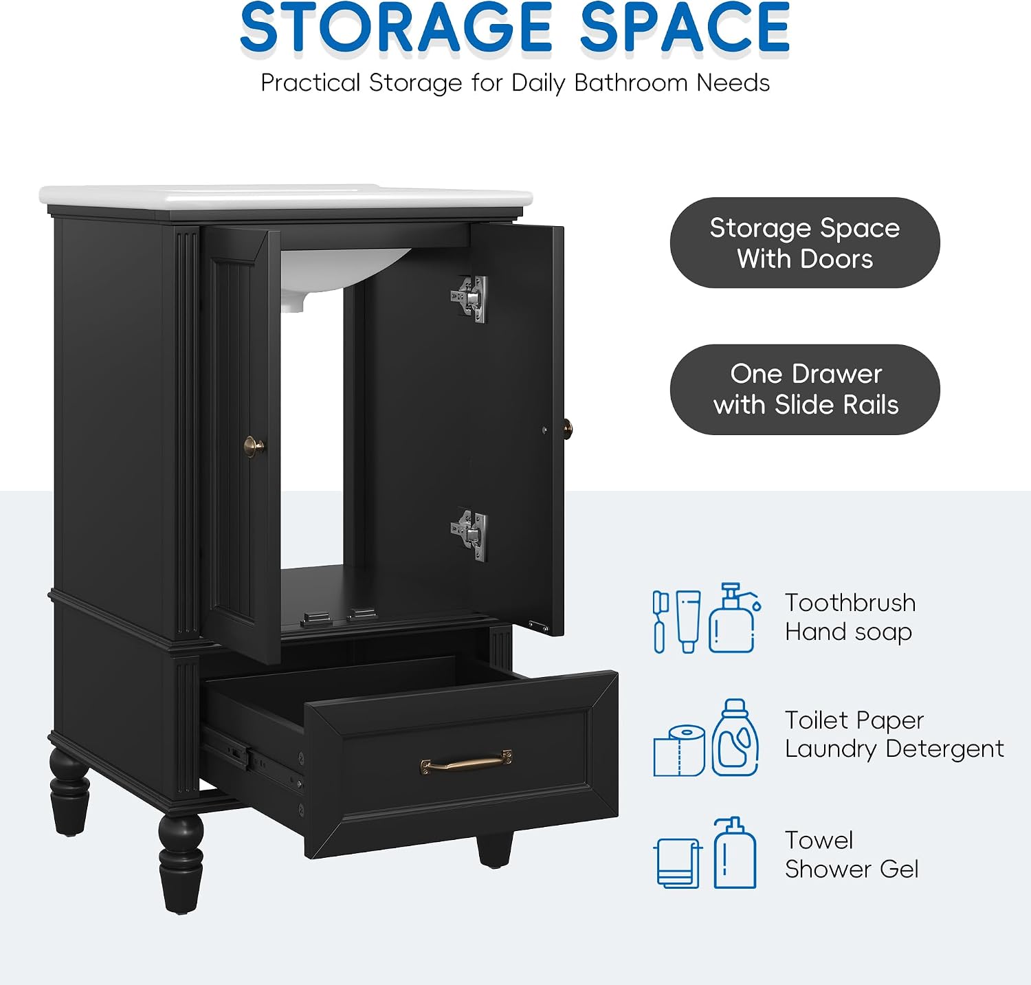 Linique 20-inch Bathroom Vanity with Ceramic Sink,1 Drawer & Cabinet Storage,Magnetic Door Stopper and Adiustable Foot Pads, Modern Freestanding,Black