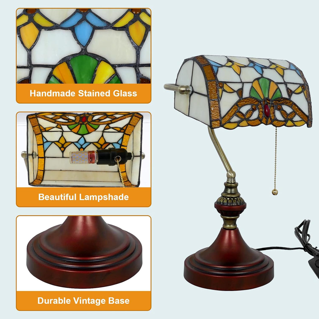 Beige Baroque Style Banker Lamp Tiffany Desk Light Table Lamp Stained Glass Bankers Desk Lamp Banker Table Lamp 10' Wide 15' Tall Vintage Tiffany Style Lamp for Home Living Room Nightstand