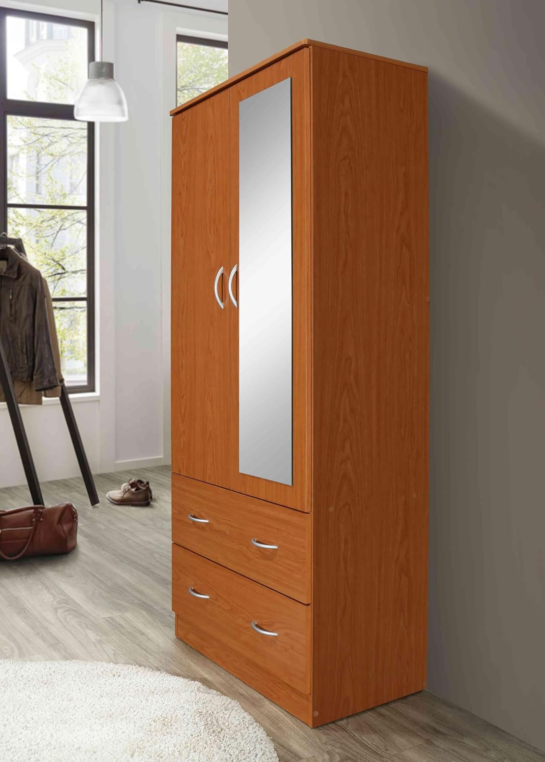 HODEDAH 2 Door Wood Wardrobe Bedroom Closet with Clothing Rod Inside Cabinet, 2 Drawers for Storage and Mirror, Cherry