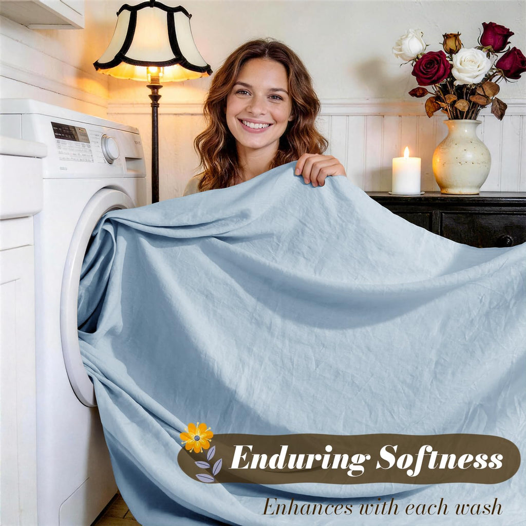 SONORO KATE 100% French Pure Linen Sheets, Breathable and Durable Queen Size Sheets, 16 Inch Deep Pocket - 4 Piece (Dusty Blue)