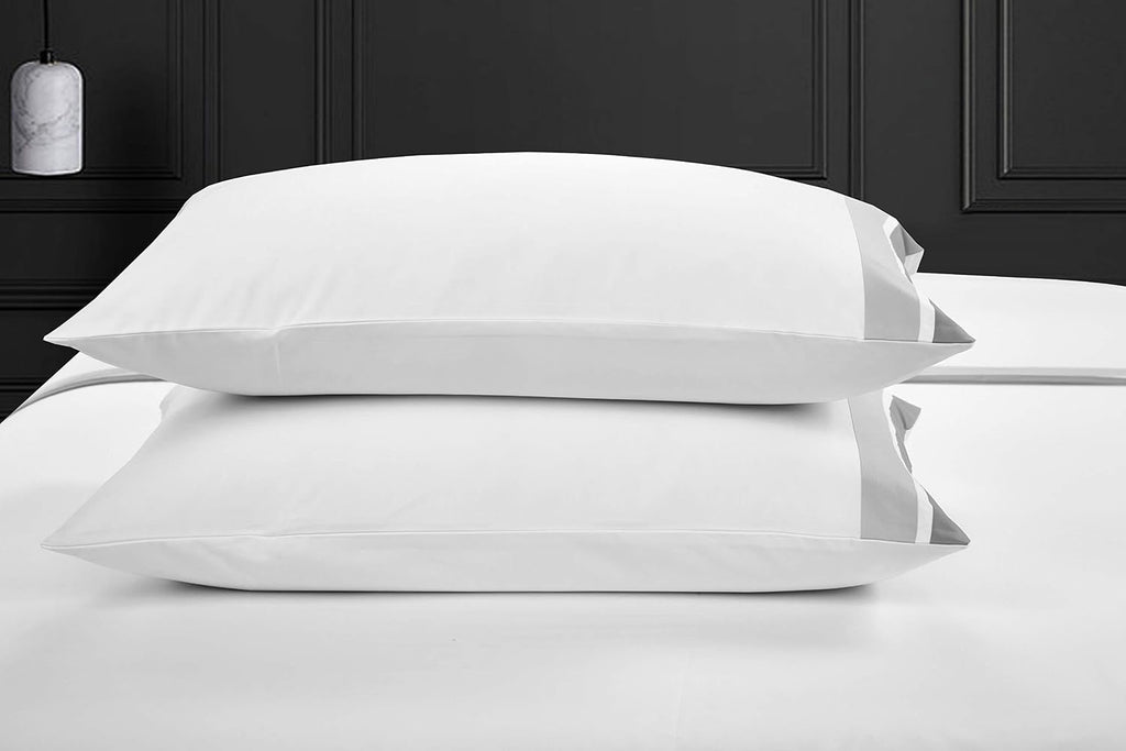 Casabolaj Shading Hotel Collection 4 Pieces Sheet Set 100% Egyptian Cotton Sateen 400 TC - Luxury Modern Sheet sets Queen King - Borders in Contrasting color Silver/Grey (Banyan, California King)