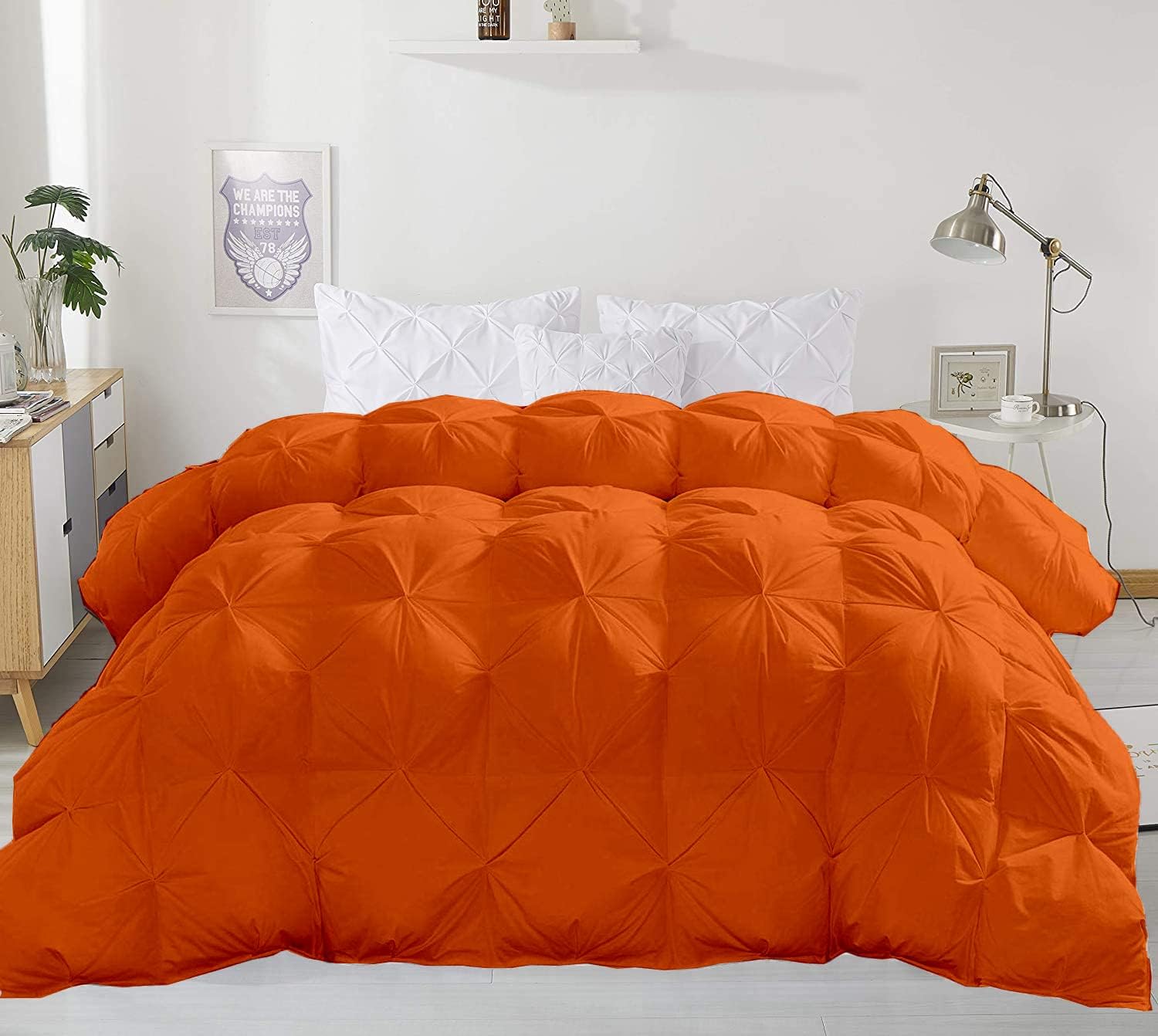 Crown Collection Orange Down Alternative Pinch Pleated Comforter- Oversized King Plus 128 x 120 Inches 1 Piece All-Season Duvet Insert, 500 GSM with Corner Tabs 100% Egyptian Cotton- (Orange Solid)