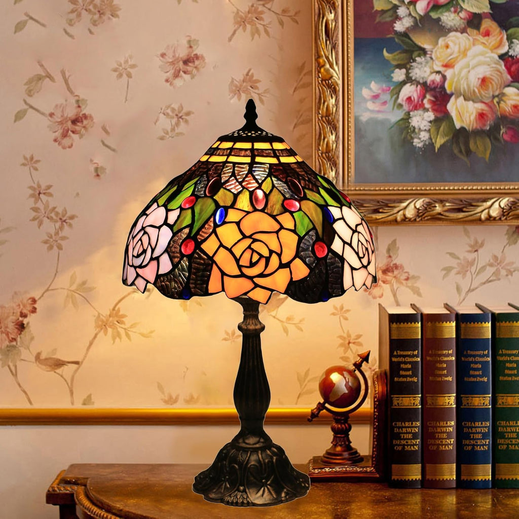 Tiffany Style Table Lamp, 12 Inch Stained Glass Lamp, Antique Table Lamp, Bedside Lamp, for Nightstand Bedroom Living Room Home Office, Rose Flower Pattern, Include LED Bulb