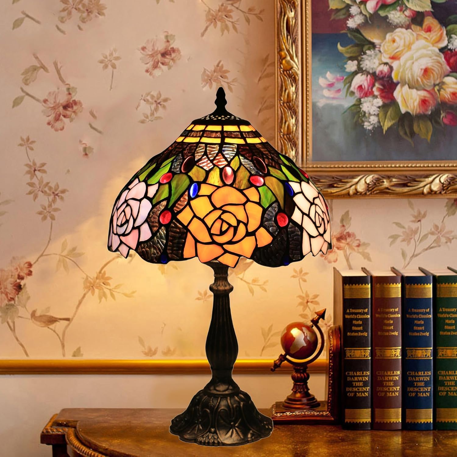 Tiffany Style Table Lamp, 12 Inch Stained Glass Lamp, Antique Table Lamp, Bedside Lamp, for Nightstand Bedroom Living Room Home Office, Rose Flower Pattern, Include LED Bulb