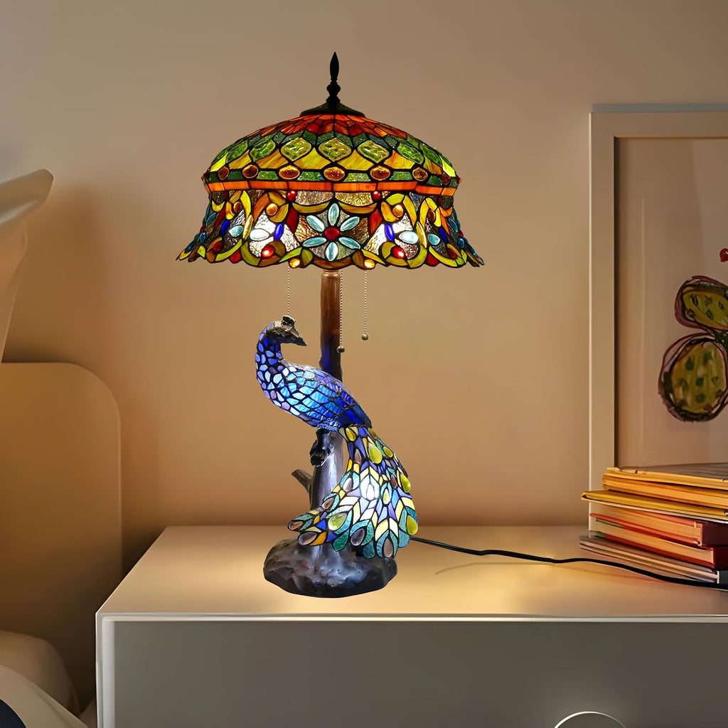 Tiffany Style Table Lamp Peacock Flower Style Handmade Stained Glass Lamp 18 Inch Wide 31 Inch Tall Vintage Desk Light Large Table Lamp for Bedroom Living Room Home Office Decoration
