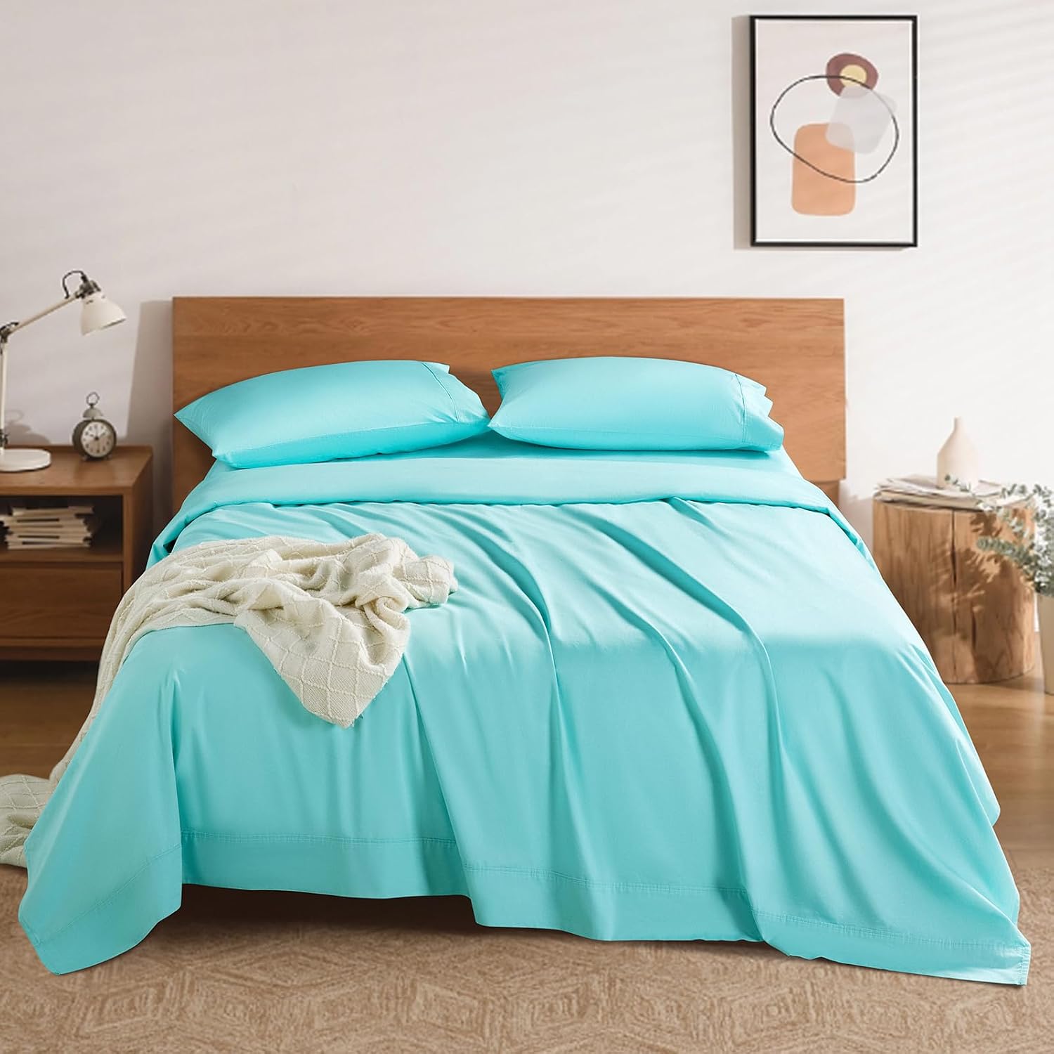 100% Cotton 1200 Thread Count Sheets Set Bedding Sets,Bed Sheet 4 Piece Sets,16 inches Deep Pocket (Lake Green, Queen)