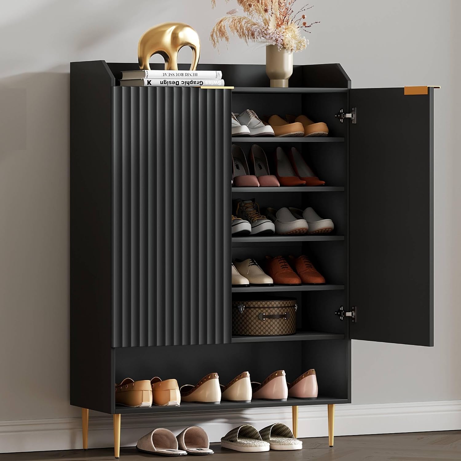 SICOTAS Shoe Cabinet with Fluted Doors - 28-Pair Large Shoe Storage Cabinet, 50.7' Tall 7-Tier Entryway Shoe Cabinet Storage with Adjustable Shelves for Entryway Hallway Living Room Front Door, Black