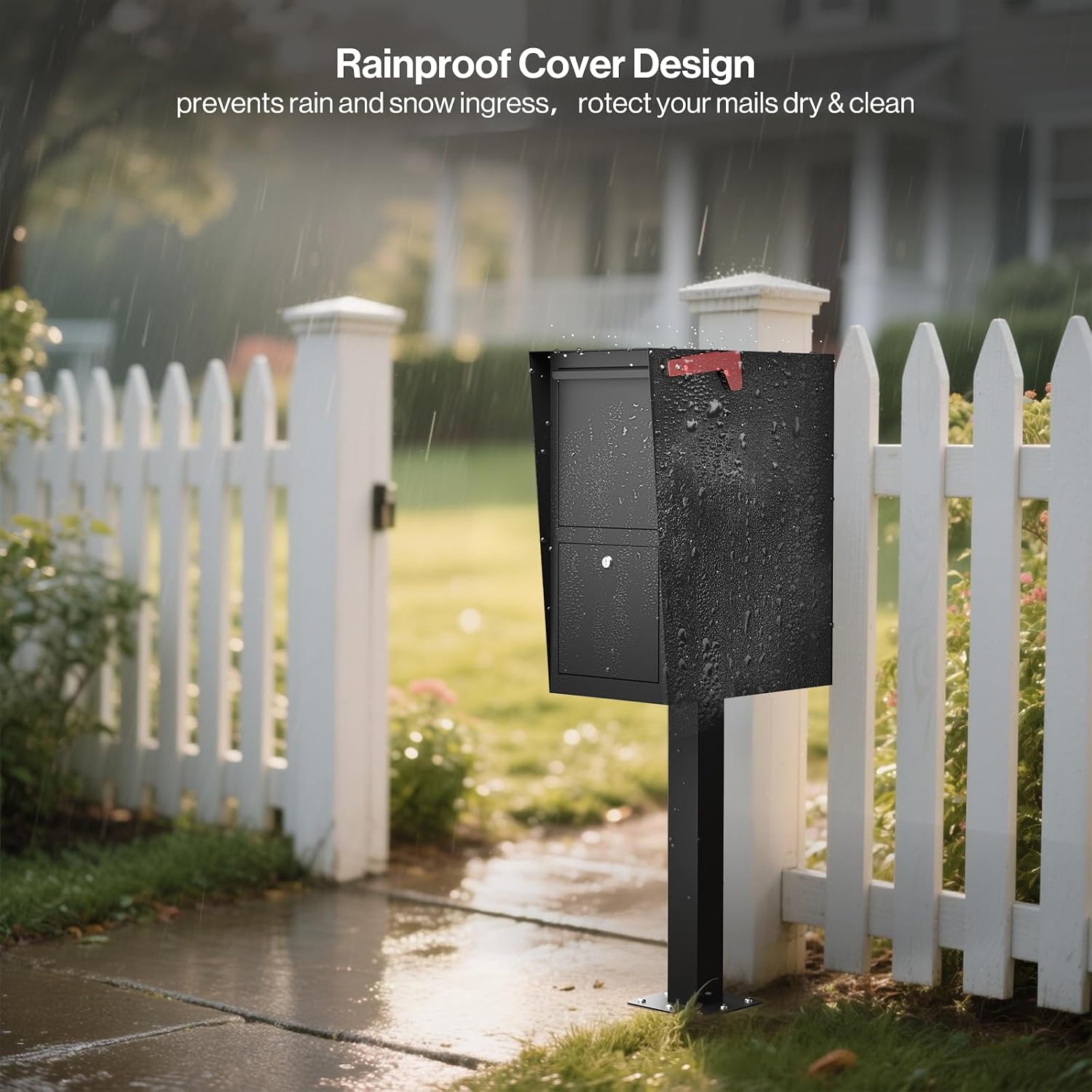 Secure Curbside Locking Mailbox for Packages, Weekend-Away Design with In-Ground Post and Base Plate (Black)