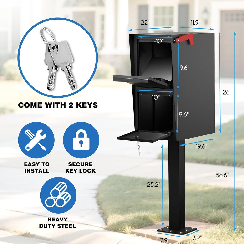 POCHAR Curbside Large Mailbox for Outside with Post - Locking Mailbox Post Mount with Base Plate - Weekend-Away Design Large Street Mail Box(Black)