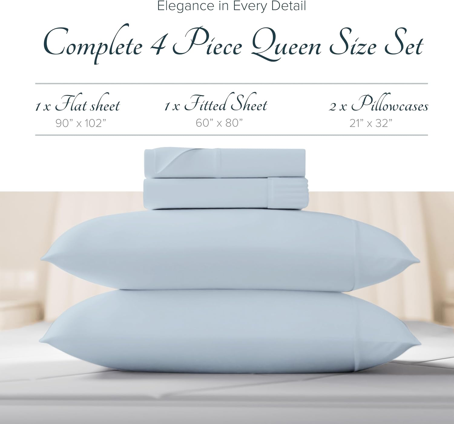 Carressa Linen 100% Egyptian Cotton Sheets Queen Size Bed Set - Luxury 1500 Series Heliconia Collection Egyptian Cotton Queen Sheet Set (4 PC, Light Blue), 17' Deep Pocket, Sateen Hotel Bedding