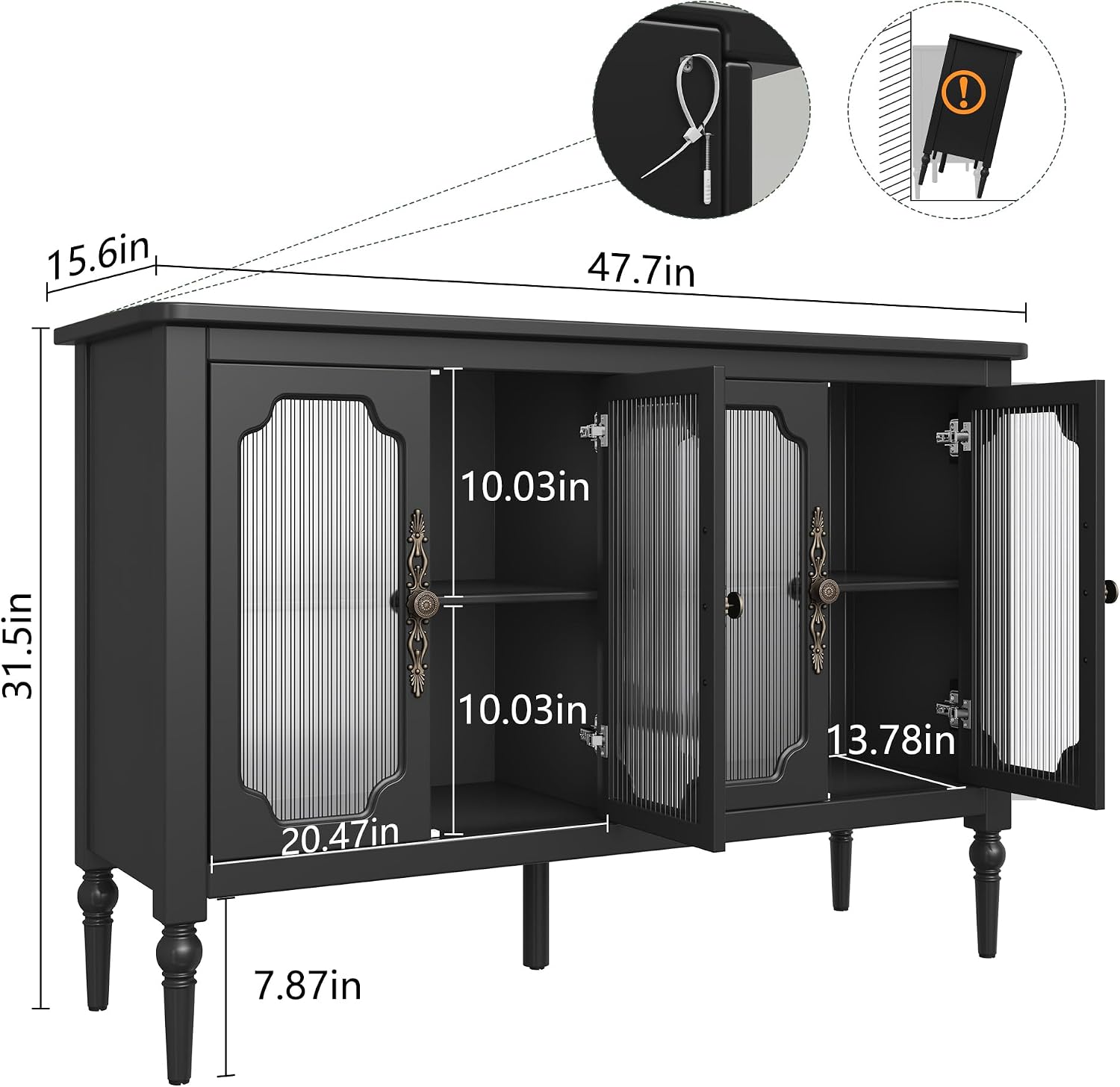 Vintage Buffet Sideboard with 4 Glass Doors, 48' Mid Century Style Storage Cabinet with Shelves, Deractive Crezada, Black Accent Cabinet for Living Room, Kitchen