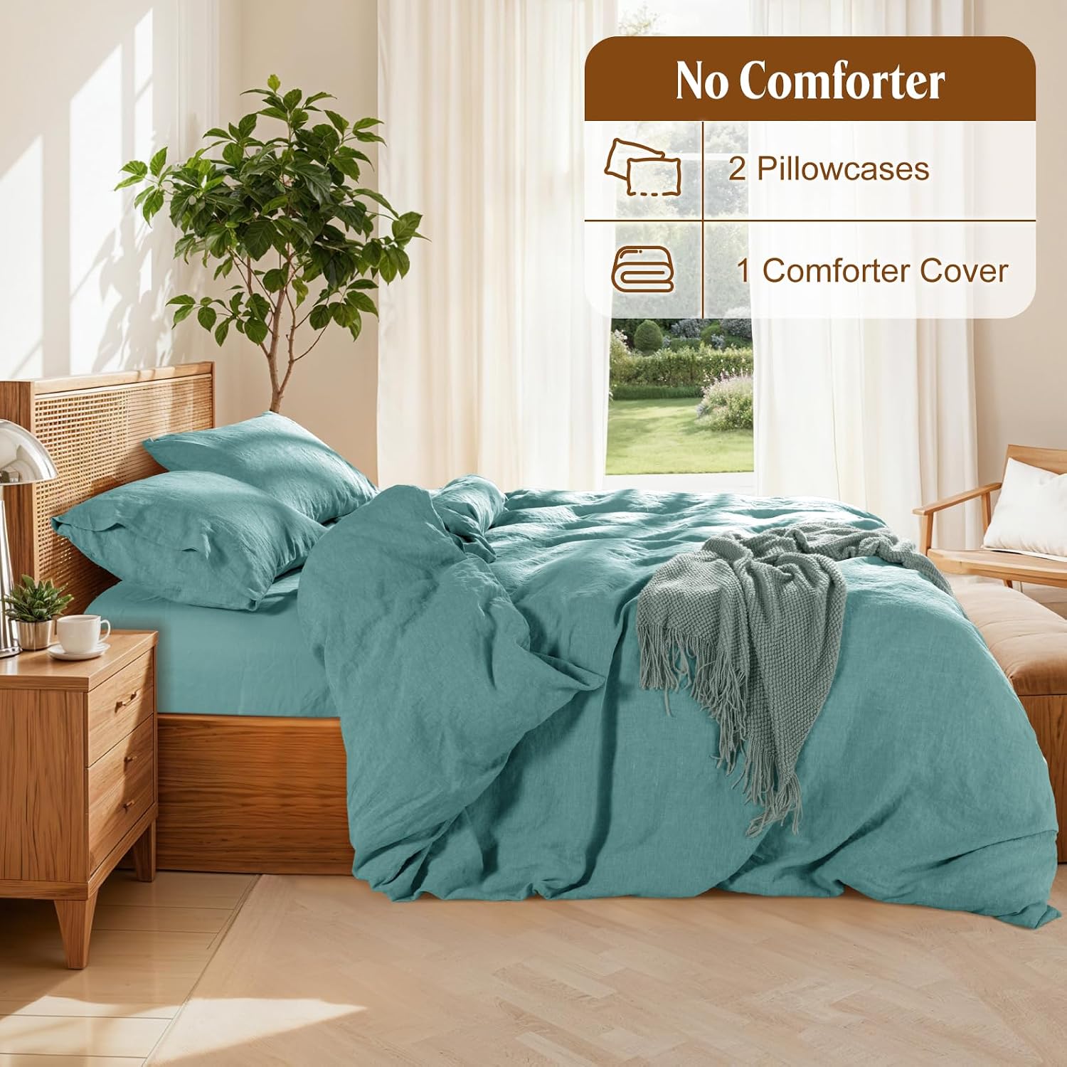 LBRO2M 100% France Linen Duvet Cover Set 3 Pcs Including 1 Flax Comforter Cover with Zipper Closure, 2 Pillowcase, Cozy Duvet Cover Queen Size, Aqua