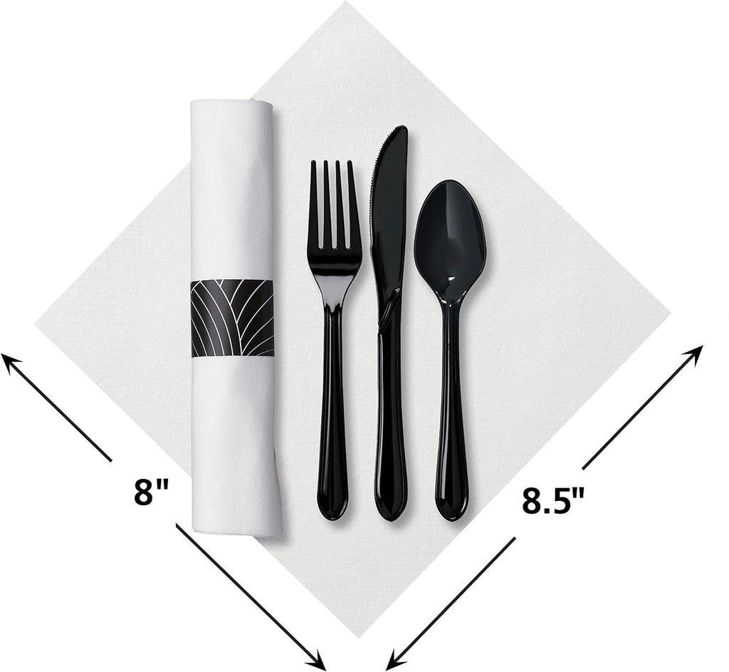 CaterWrap Pre-Rolled Cutlery, Mystic Linen-Like Napkin, Black/White, Case Of 200 Rolls