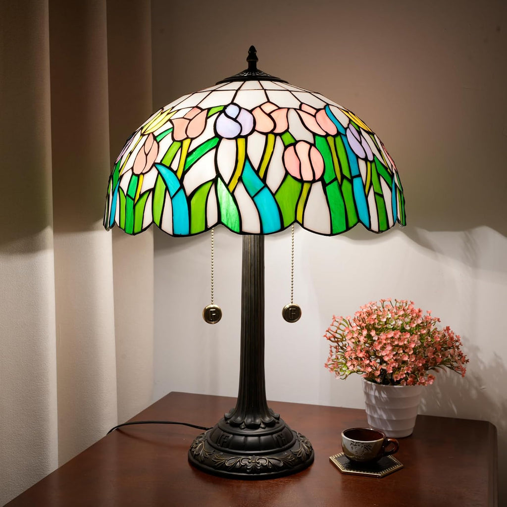 Tiffany Lamp Pink Yellow Tulips Stained Glass Table Lamp 16 inch Large Desk Light Antique Beside Reading Lamp for Home Living Room Bedroom Office