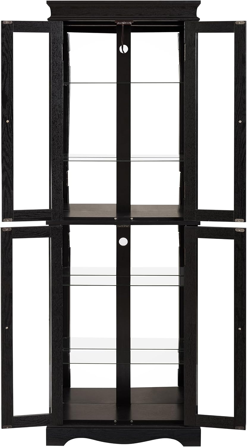 70'H Lighted Wooden Curio Cabinet, Freestanding Glass Display Case with Tempered Glass Door,Adjustable Shelves and Mirrored Back Panel, Decorative Storage Cabinet for Living Room,Office (Black)
