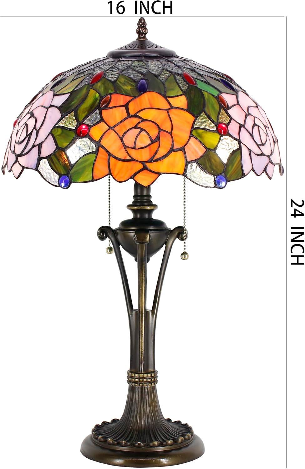 Tiffany Table Lamp Orange Purple Stained Glass Desk Lamp 16X16X24 Inches Rose Flower Style Reading Light
