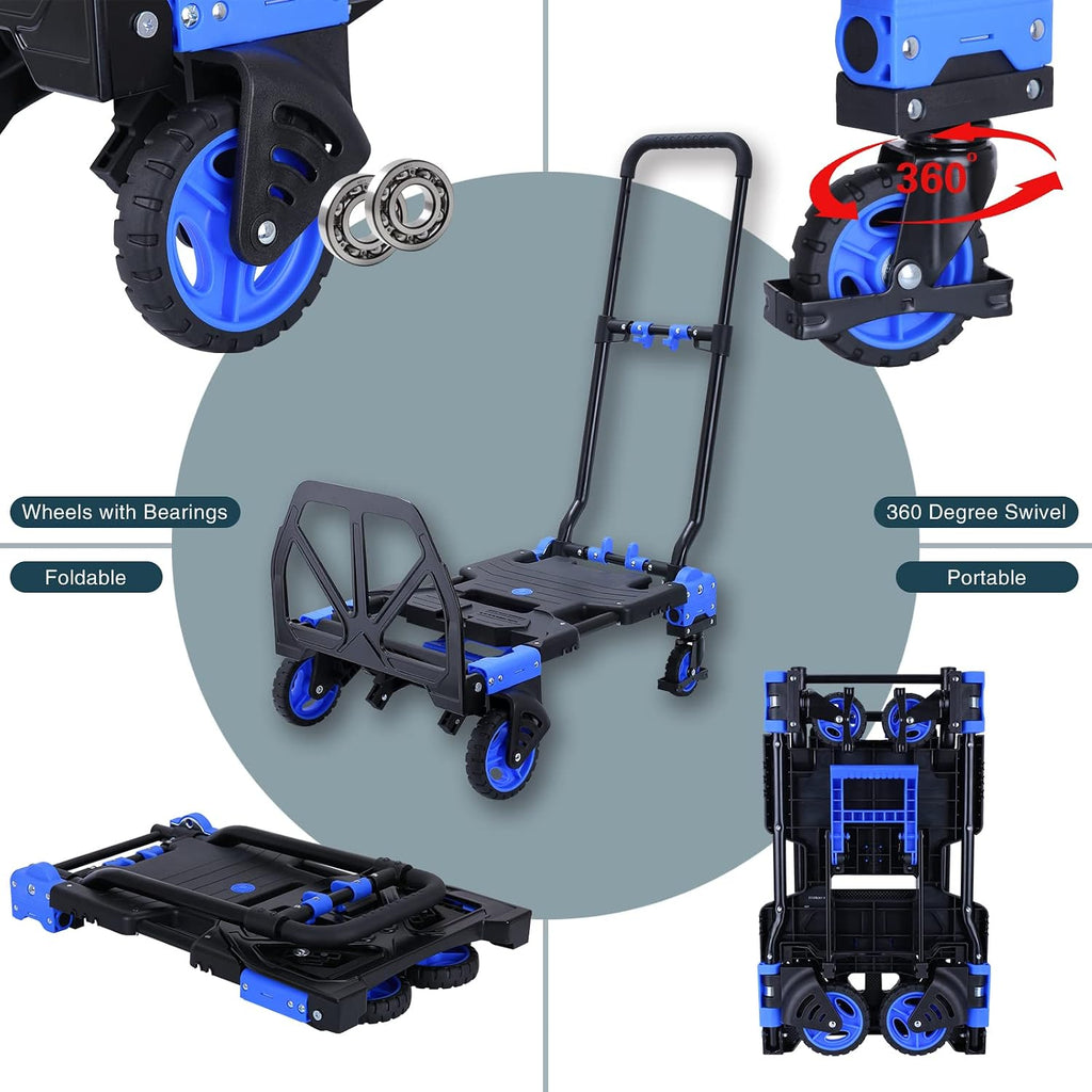 2-in-1 Hand Truck Dolly Foldable,330LB Capacity Hand Dolly,Folding Hand Cart with Retractable Handle,Hand Truck Foldable with 4 Wheels,Portable Handtruck