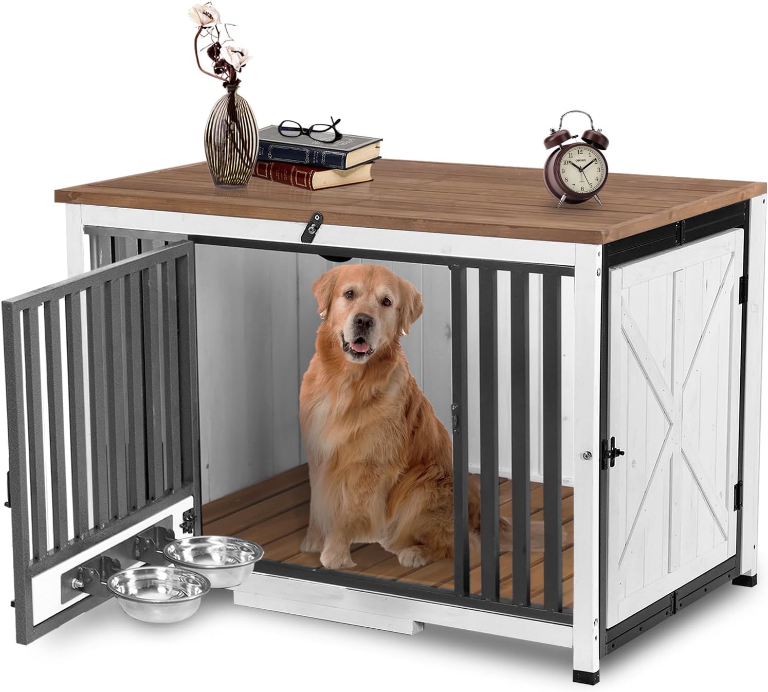 Aivituvin Dog Crate Furniture Foldable Side End Table Expandable Solid Wood Dog Kennel with 360° Rotatable Dog Bowls Indoor Cage, No Assembly Needed (Right Door Removable)