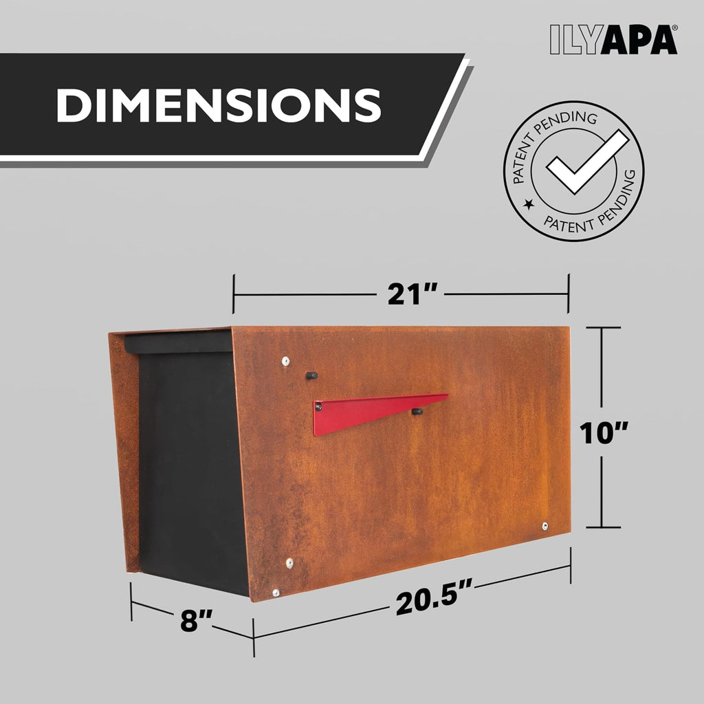 Ilyapa Modern Mailbox for Post Mount - Corten Steel Rusted Finish with Black Door Powder Coated Steel, with Recessed Magnetic Close Door