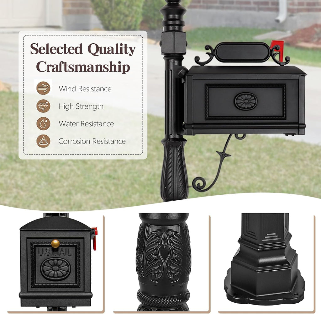 Heavy Duty Mailbox Classic Decorative Cast Aluminum Mail Box Postal Vertical Pedestal (Black)