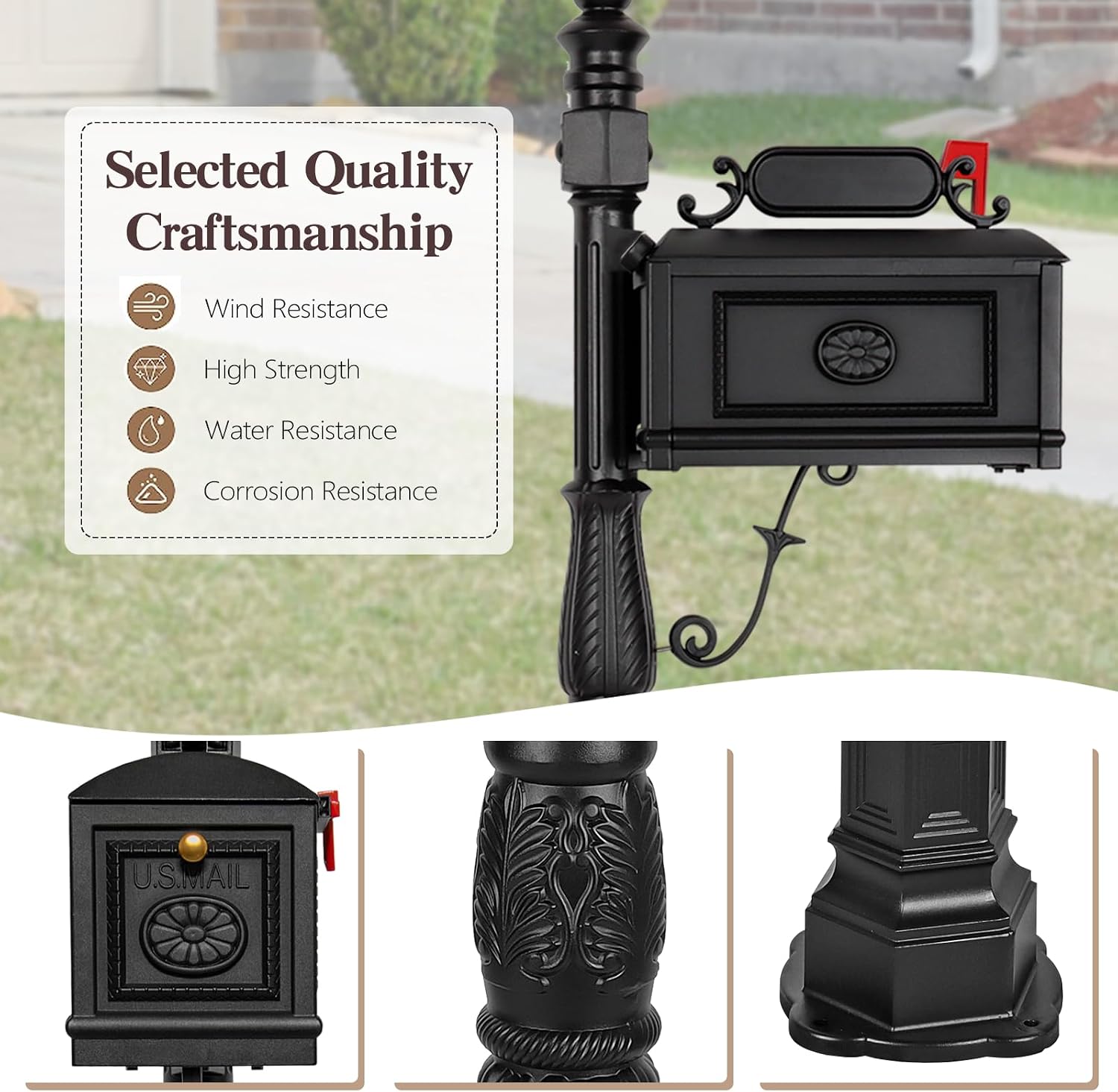 Heavy Duty Mailbox Classic Decorative Cast Aluminum Mail Box Postal Vertical Pedestal (Black)