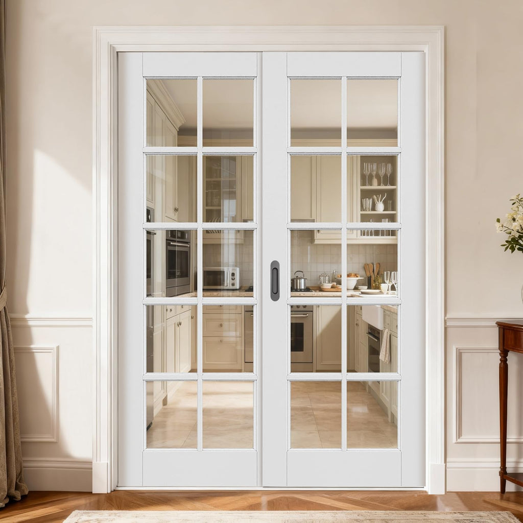 28' x 80' 10-Panel Clear Glass Interior Door - White Eco-Friendly Water-Based Paint, Sleek Design for Home Office/Bathroom/Kitchen, Lightweight & Durable
