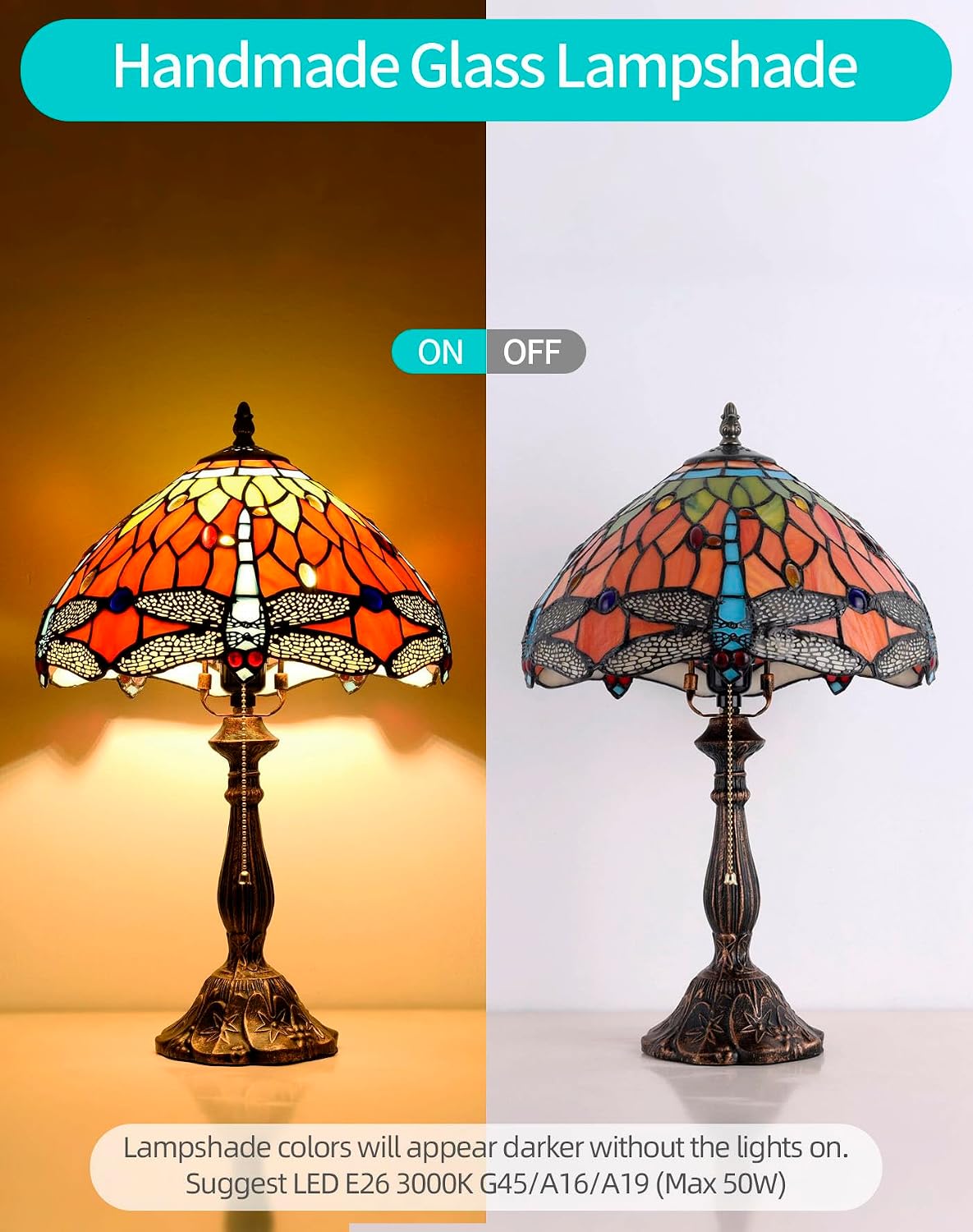 Tiffany Table Lamp, 12-inch Stained Glass Lamp for Living Room, Dining Room, Bedroom, Study Room, Office (Orange Dragonfly)