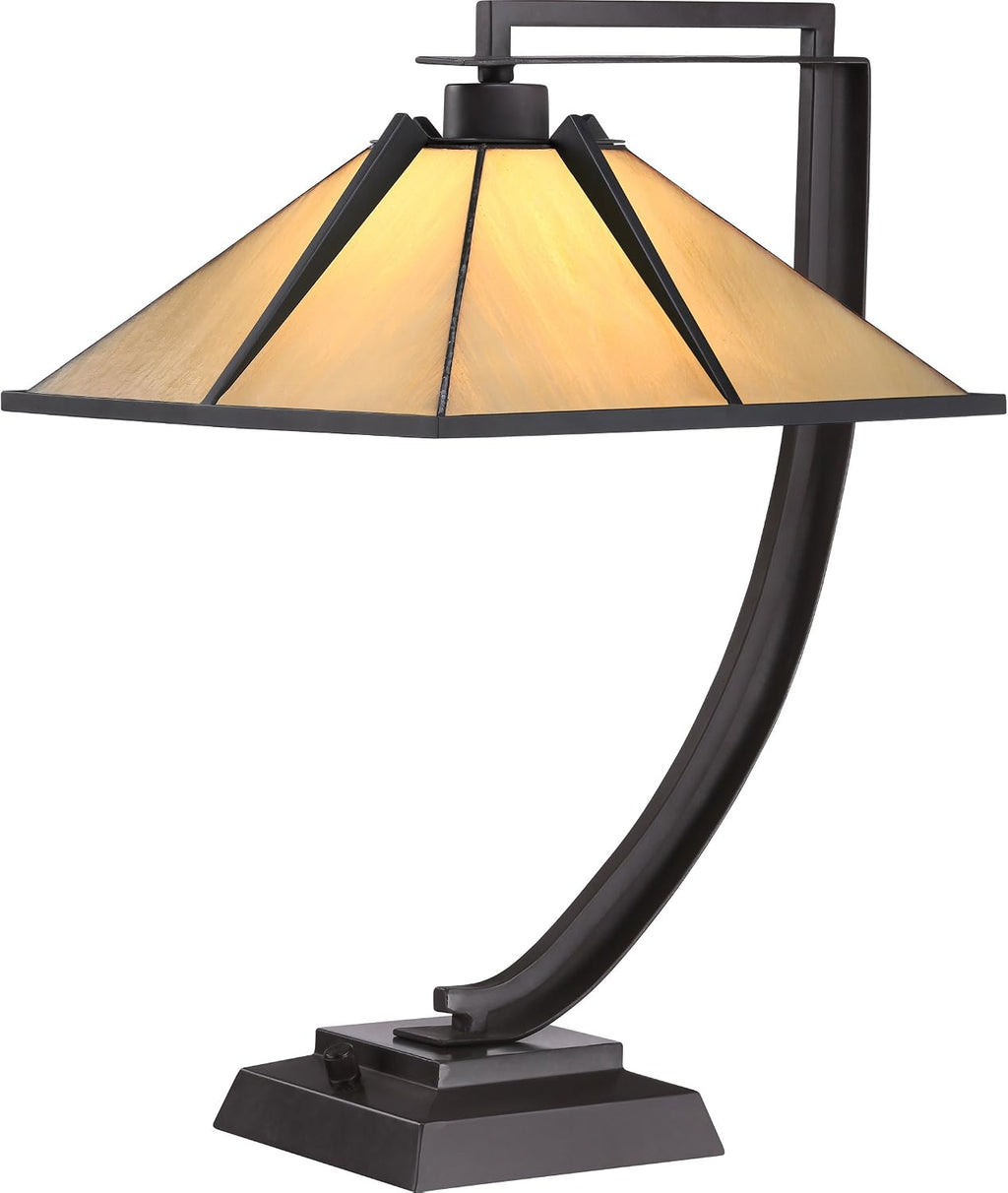 Quoizel Pomeroy 1-Light Western Bronze Table Lamp with Handcrafted Tiffany-Style Glass, Traditional Style Portable Lamp for Living Room, Bedroom, Home Office, or Kitchen