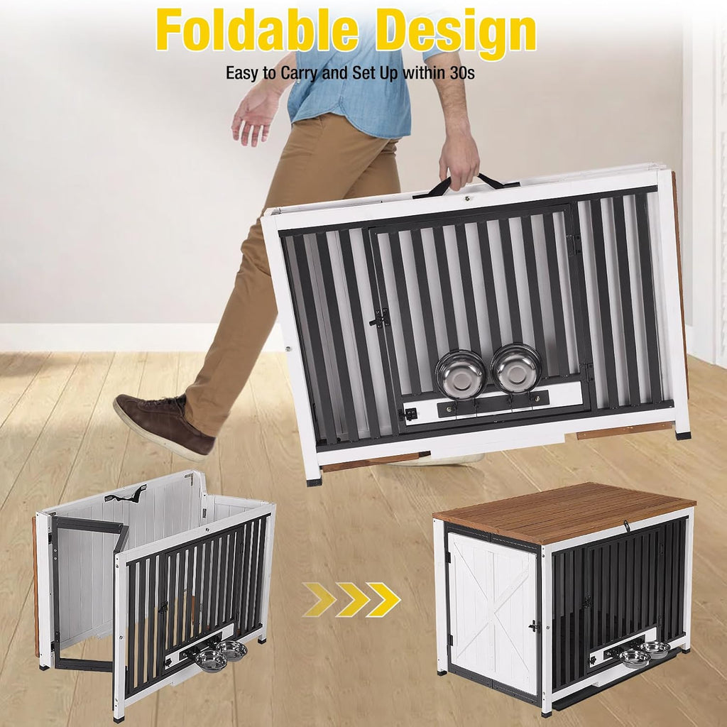 Aivituvin Dog Crate Furniture Foldable Side End Table Expandable Solid Wood Dog Kennel with 360° Rotatable Dog Bowls Indoor Cage, No Assembly Needed (Right Door Removable)