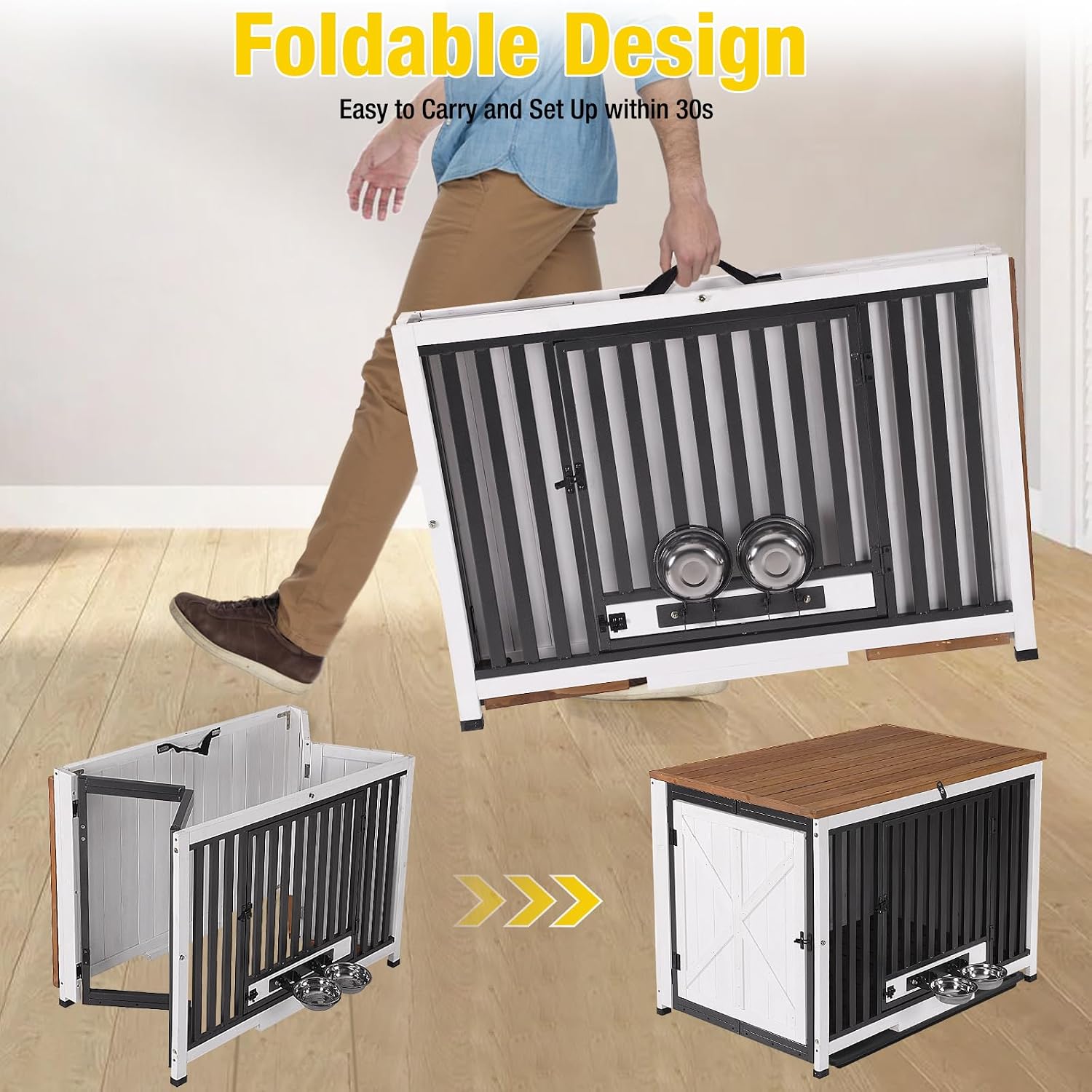 Aivituvin Dog Crate Furniture Foldable Side End Table Expandable Solid Wood Dog Kennel with 360° Rotatable Dog Bowls Indoor Cage, No Assembly Needed (Left Door Removable)